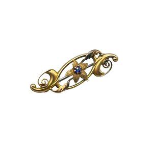Antique 9kt 375 Gold Floral Brooch with Blue Gemstone Accent Bar Pin